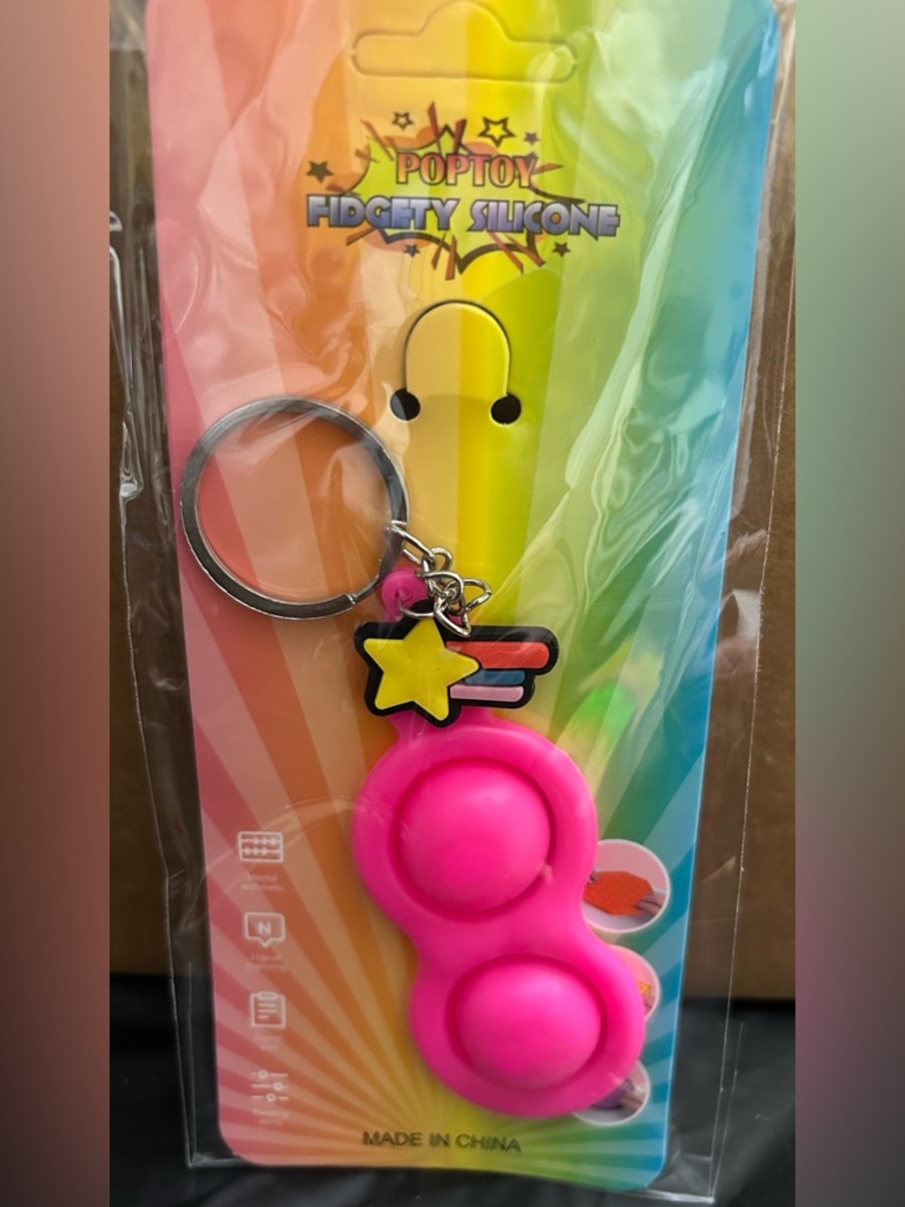 Pink Silicone Fidget Pop-It Keychain with Star Charm